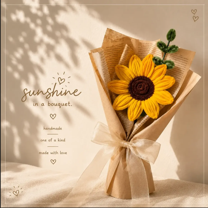 Single crochet sunflower in a kraft paper bouquet