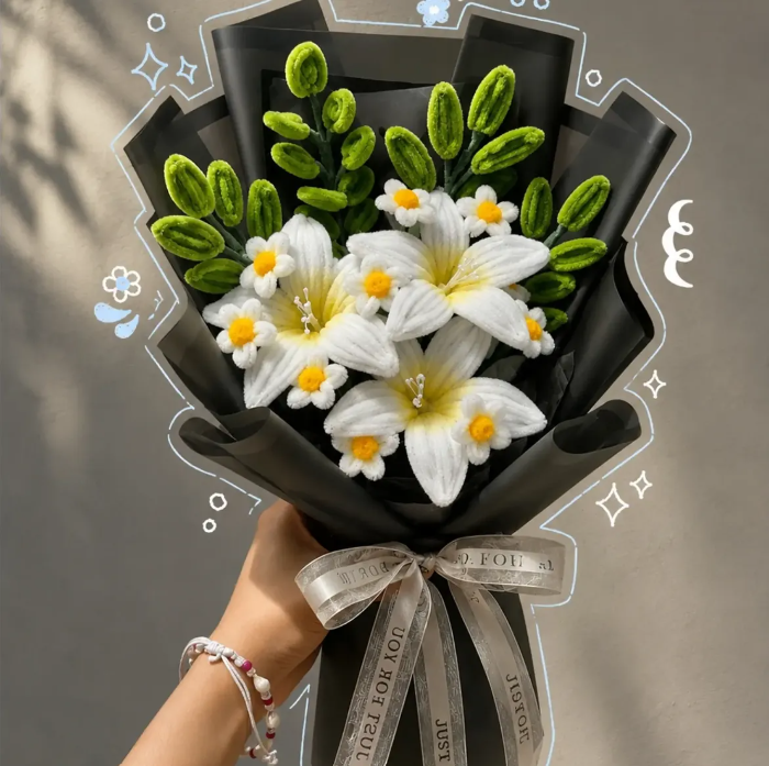 White crochet flower bouquet in black wrapping