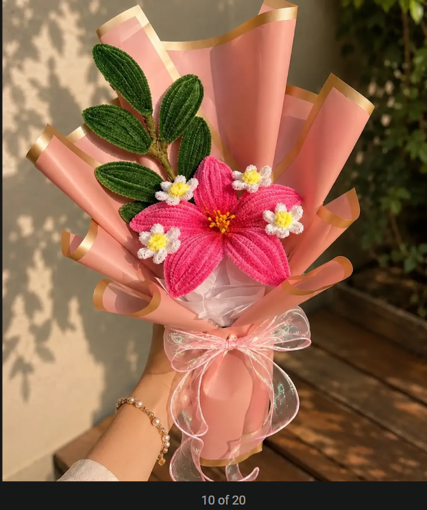 Pink and red crochet bouquet in light wrapping