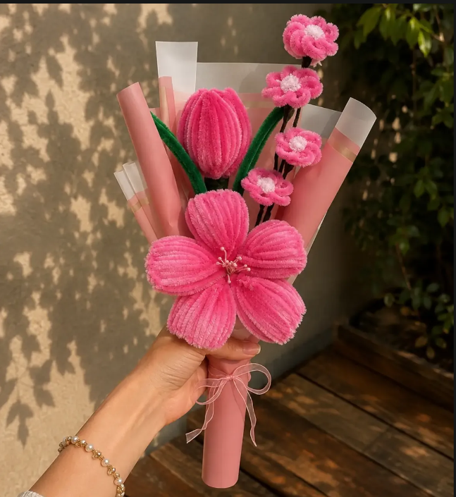 Pink crochet bouquet with leaves in peach wrapping