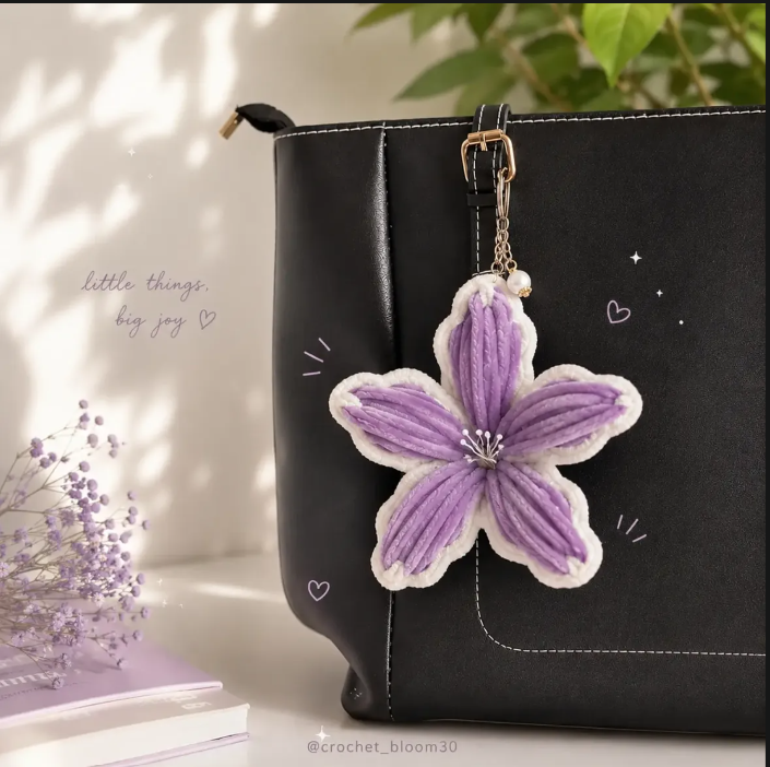 Purple crochet flower keychain on a black bag